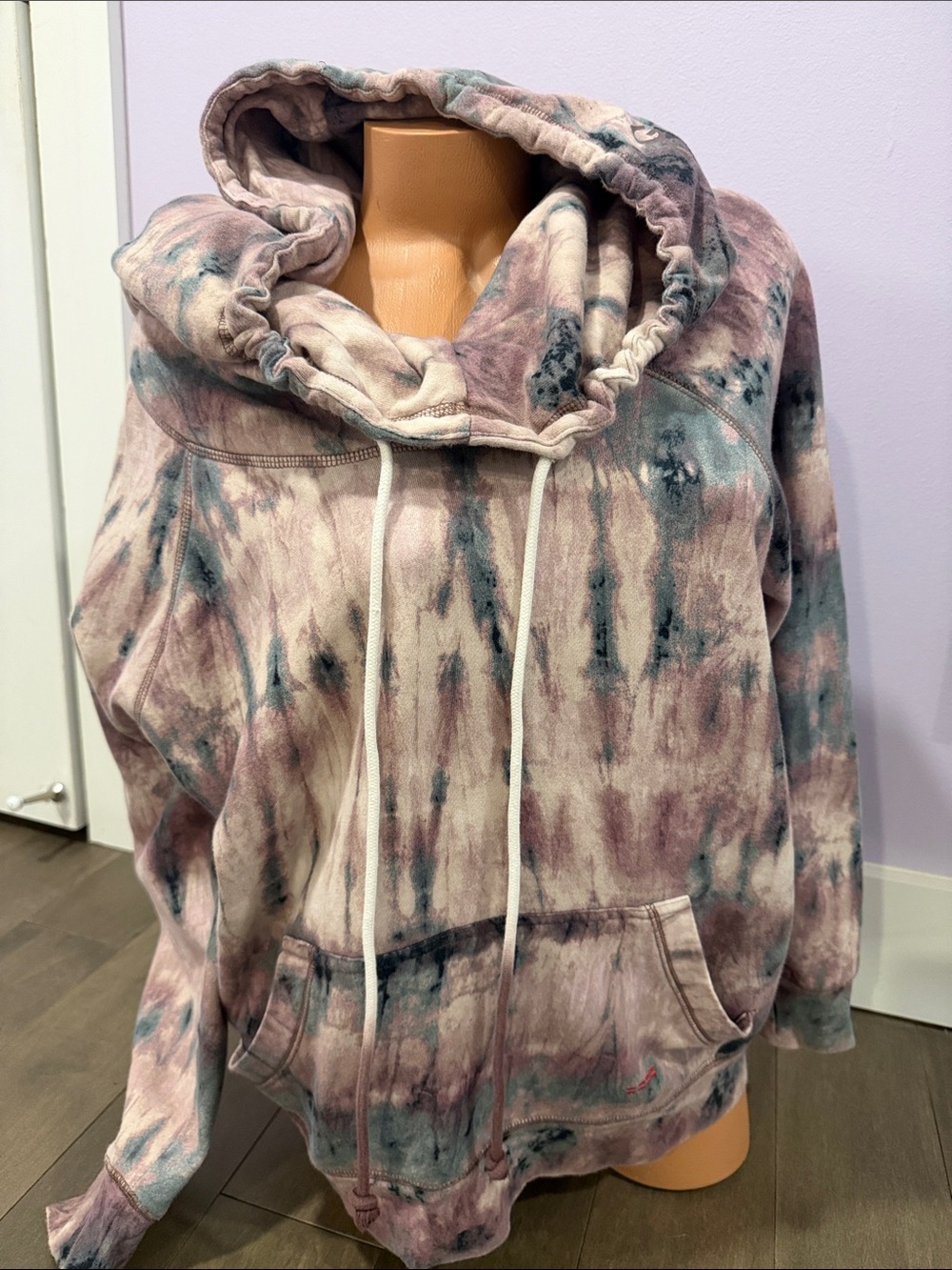 Peace Love World Tie-Dye Cowl Neck Hoodie in Dusty Pink & Teal